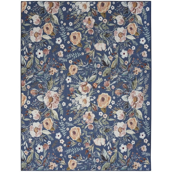 HomeRoots 5' X 7' Blue And Green Floral Power Loom Washable Non Skid Area Rug