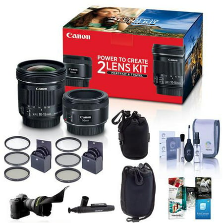 Canon Portrait & Travel 2 Lens Kit - EF 50mm f/1.8 STM Lens & EF-S 10-18mm f/4.5-5.6 IS STM Lens - Bundle with 49mm/67mm Filter Kits, Flex Lens