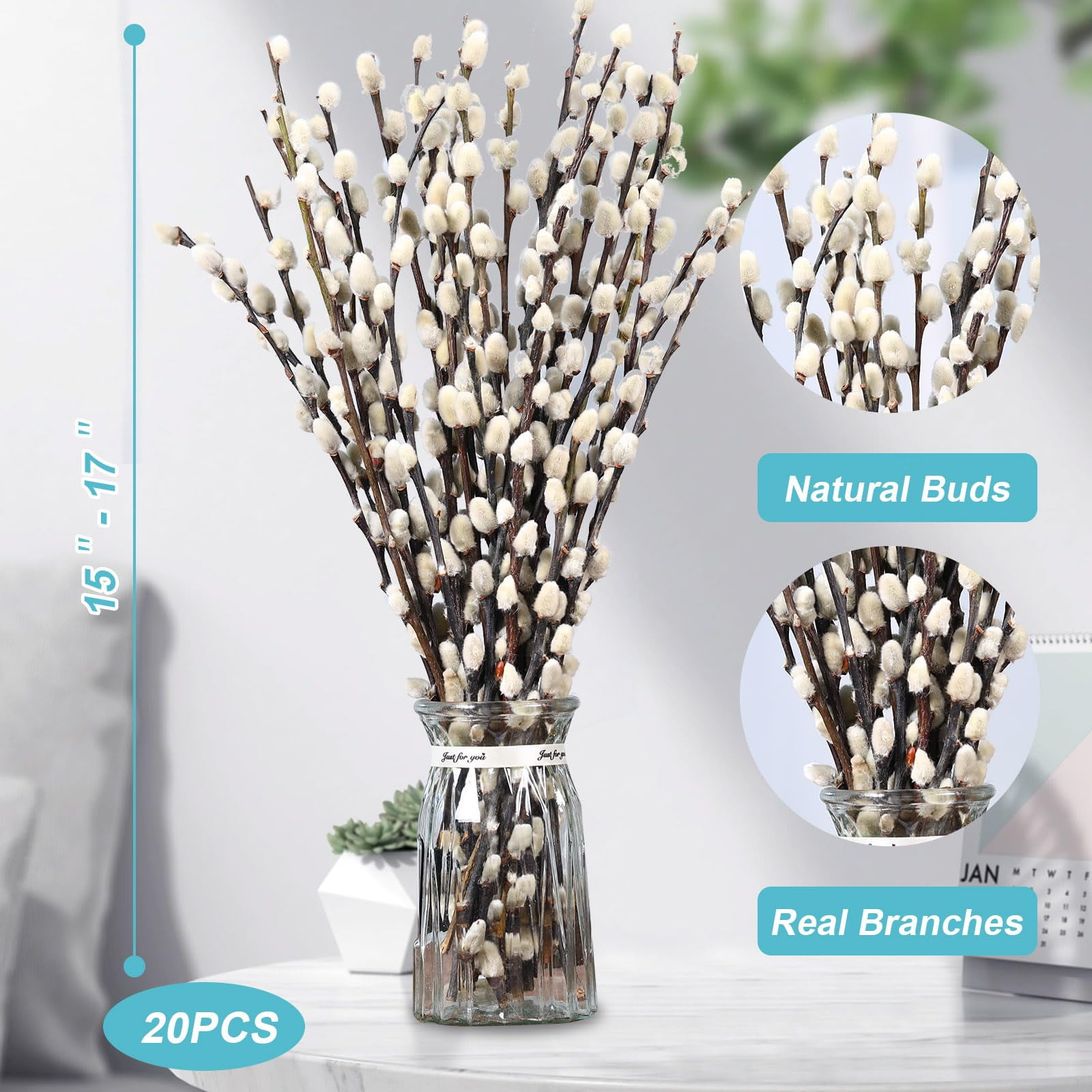 40Pcs Natural Preserved Dried Pussy Willow Branches for Vases, 15.7" Stems Real Willows, Snow Pussywillows, Dried Flowers for Indoor and Outdoor Decor, Wedding Home DIY Floral Art Plants Fireplace
