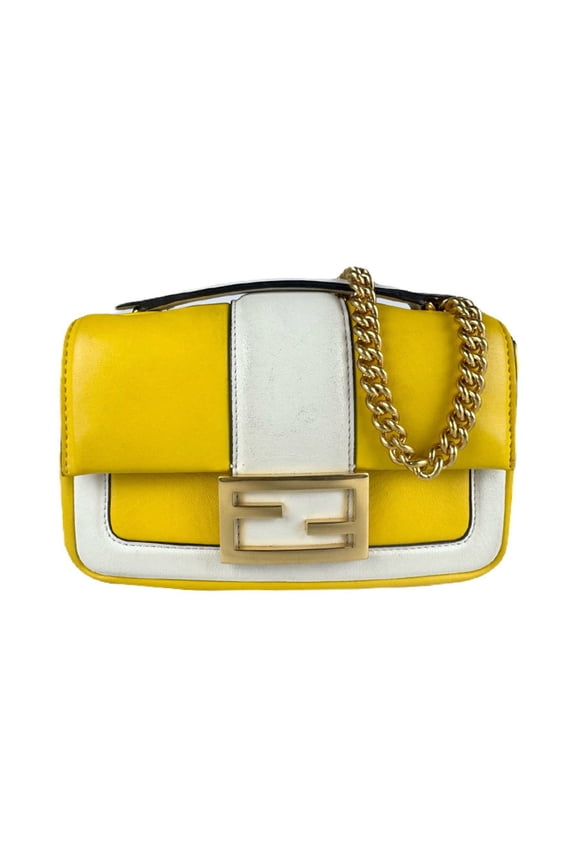 Pre-Owned FENDI Mini Two-Tone Nappa Apollo Chain Baguette Leather Shoulder Bag in Yellow/White...