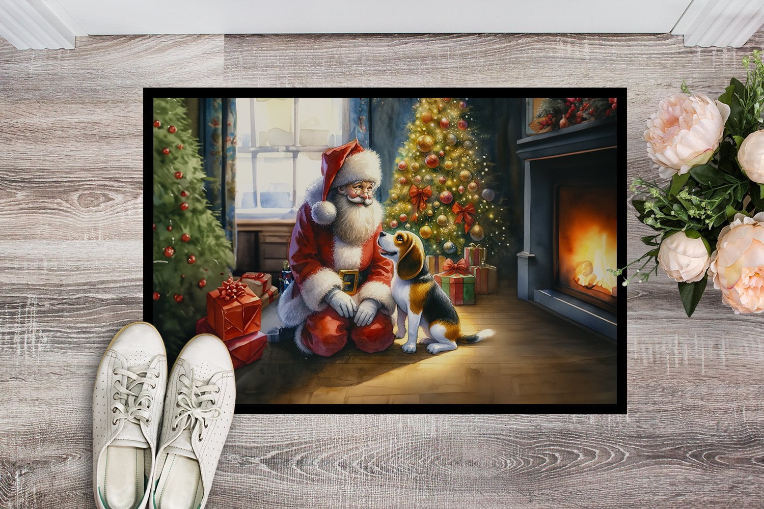 Caroline's Treasures DAC4064JMAT Beagle and Santa Claus Doormat Front Door Mat Indoor Outdoor Rugs for Entryway, Non Slip Washable Low Pile, 24H X 36W