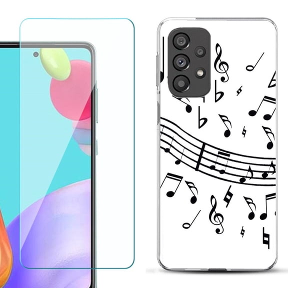 Slim-Fit Gel TPU Phone Case for Samsung Galaxy A33 5G, with Tempered Glass Screen Protector, by OneToughShield ® - Music Notes / White