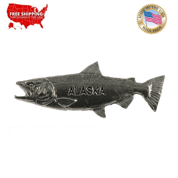 King Salmon Pin, Chinook, Tyee, Alaska, Pewter, Metal, Hat, Lapel, Brooch, Pins, Jewelry, Made in USA, Over 200 Fish Designs Available. Creative Pewter Designs. A600