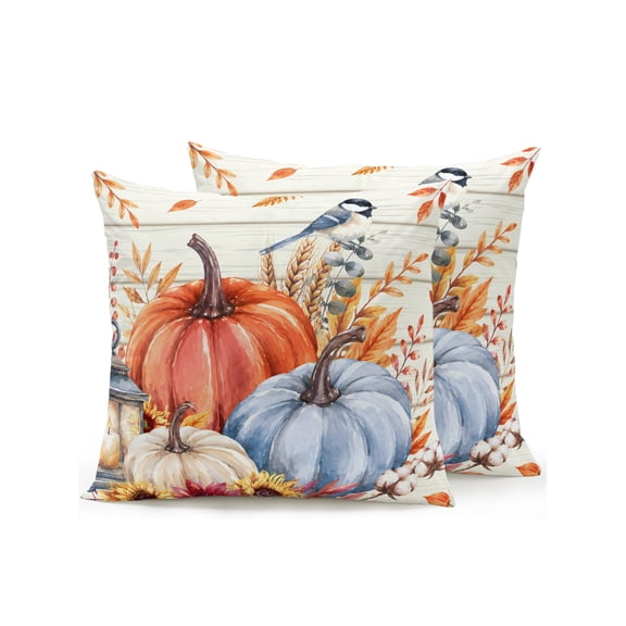 Outdoor Pillows Waterproof, Orange Blue Pumpkins Fall Bedding Throw Pillows with Insert for Couch Sofa Bed, Thanksgiving Sunflower Birds Beige 18x18 Inch Pillowcases Decorative Patio Pillow Set of 2