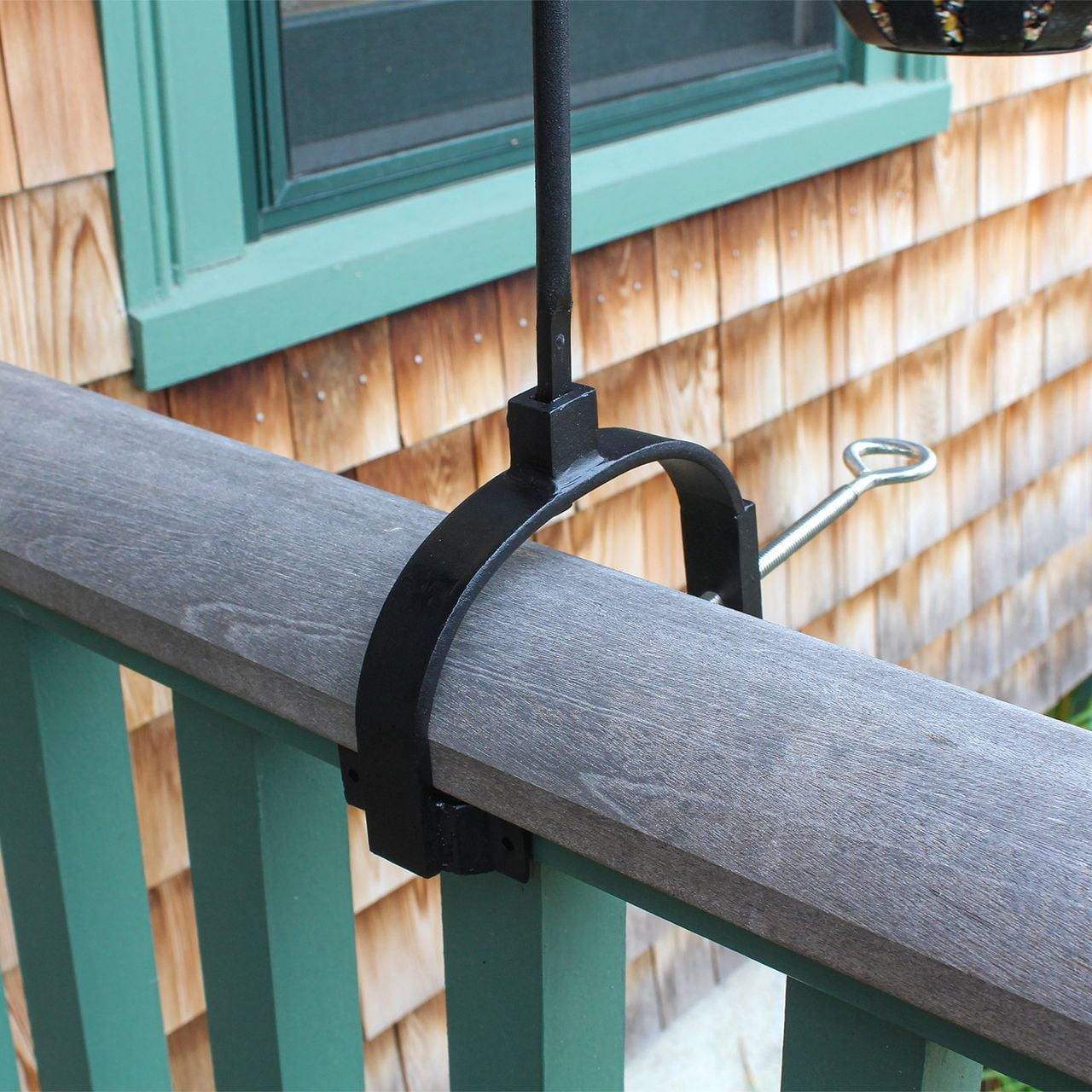 Achla Designs 28.3" H Black Wrought Iron Shepherd's Hook w/Over Railing Bracket, Powder Coated Finish
