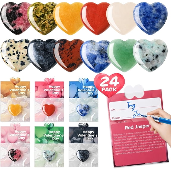 Valentines Day Gifts for Kids - 24 Pack Prefilled Valentine's Day Cards with Heart-shaped Gem for School Classroom Class - Valentine Rock Crystal Gift Exchange for Boys Girls Party Favor(Q)