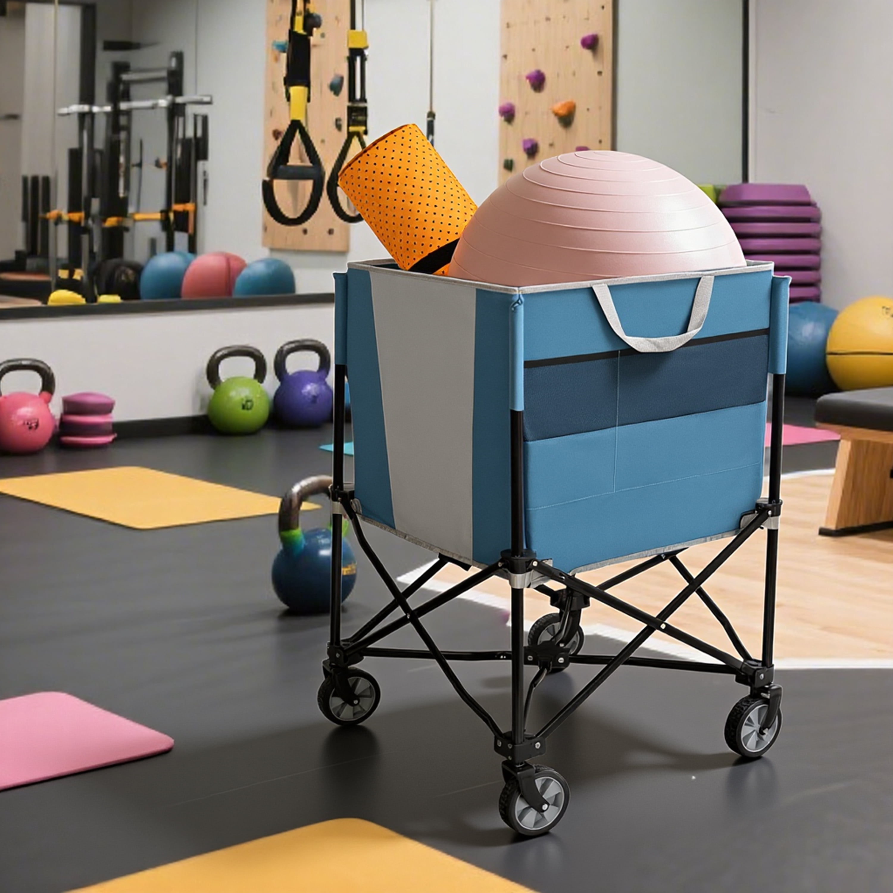 Collapsible Tennis Ball Cart with 360° Wheels, Portable Sports Ball Hopper with Side Pockets, Washable Mesh Storage Basket for Tennis Pickleball Equipment