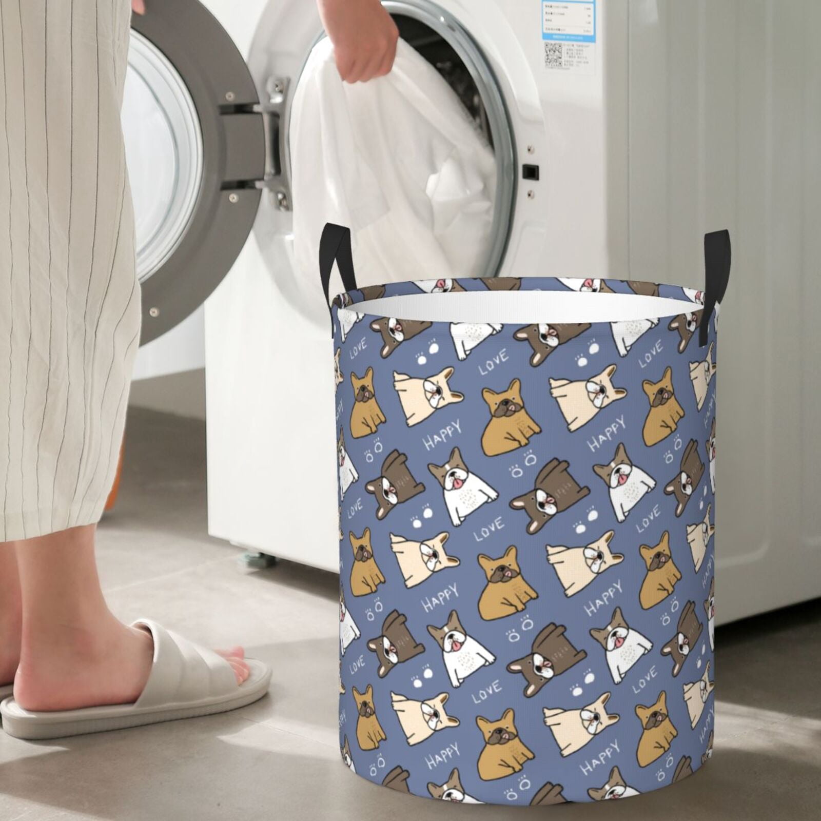 Large Laundry Basket with Handles - Cute French Bulldog Funny Happy Kids Baby Dirty Clothes Laundry Hamper for Bedroom Aesthetic