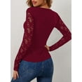 thumbnail image 6 of Women'S Floral Embroidery Mesh Lace V Neck Long Sleeve Top Wine Red L, 6 of 7