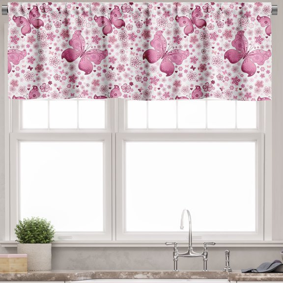 Ambesonne Butterfly Valance Pack of 2, Pink Flowers, 54"X12", Pale Pink White