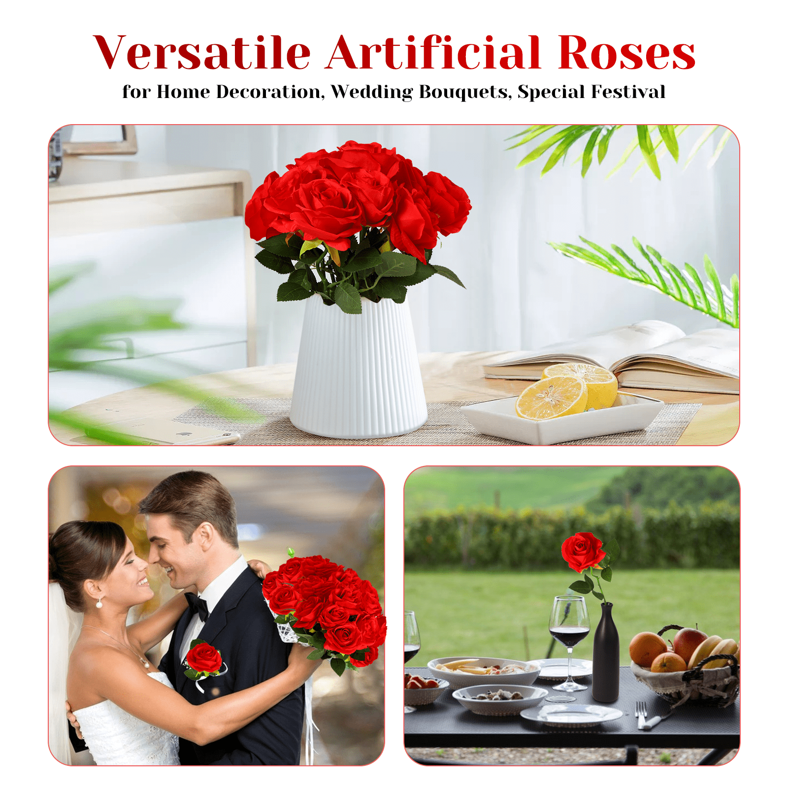 DUOTAN 20 PCs Red Roses Artificial Silk Flowers, 4’’Big Flower Head Artificial Roses with Long Stems, Realistic Fake Roses Bulk for Home Wedding Bouquet Arrangements Party Decoration