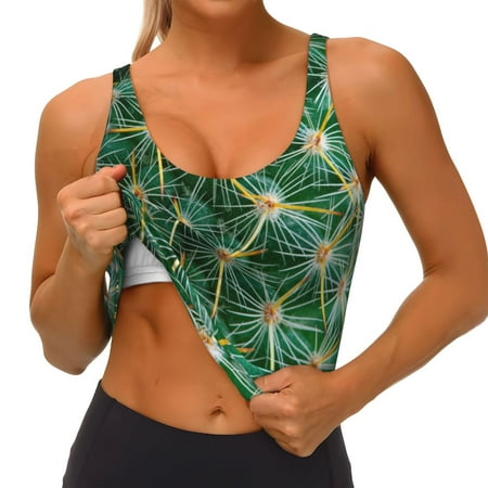 Qokaie Thorns Of Macro Cactus Pattern Womens Scoop Neck Sports Bra Breathable Workout Vest Padded U Back Medium Impact Fitness Gym Yoga Bra Workout Crop Top