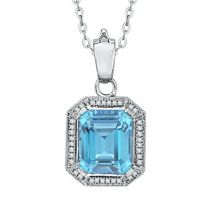 - Prong Set Diamond and Emerald Cut Blue Topaz Pendant Necklace in 14K White Gold (4 1/3 cttw, G-H, I2-I3)