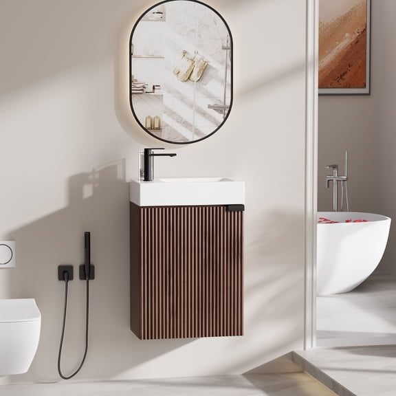 Strafriture Bathroom Vanity with Sink Wall Mounted Bathroom Vanity Cabinet with Fluted Single Door 15.7 Inch Floating Wall Sink Cabinet Walnut