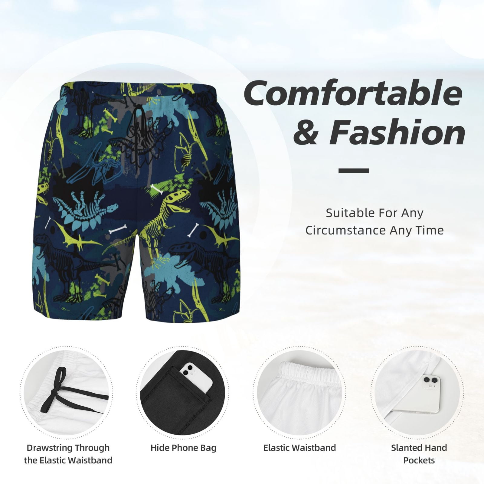 Gukieu Cartoon Dinosaur Print Men's Double Layer Sports Swim Trunks, Quick Dry Adjustable Waist Swim Shorts Swimwear-Medium