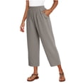 thumbnail image 4 of LEKWK Linen Crop Pants for Women Elastic Waist Casual Wide Leg Pants Loose Fit Solid Comfy Palazzo Bottoms with Pockets Fashion Beach Vacation Outfits, 4 of 7