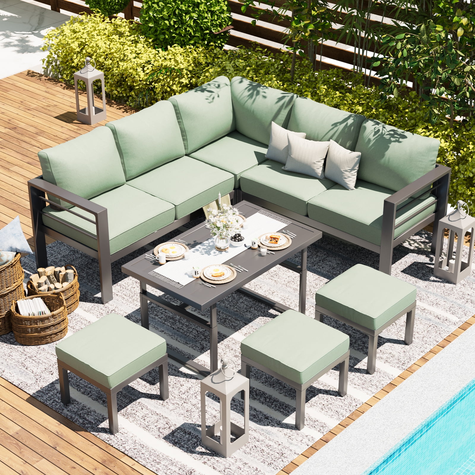 AECOJOY Patio Furniture Set with Fire Pit Table,Aluminum Outdoor Furniture Sets Clearance Metal Patio Sets on sale, Outdoor Conversation Sets, Green