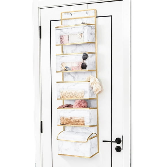 DAMAHOME Organisateur de Rangement Suspendu sur Porte pour Placard 5 Grandes Poches de Fenêtre Transparentes, 4 Crochets en Métal pour Chambre de Bébé Garde-Manger Salle de Bain (Marbre)