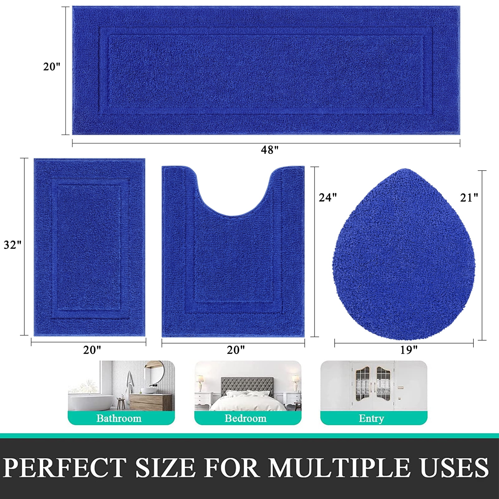 Ileading Bathroom Rugs Set of 4 Soft Bath Mats with Toilet Lid Cover Washable Microfiber Bathroom Mats, Royal Blue