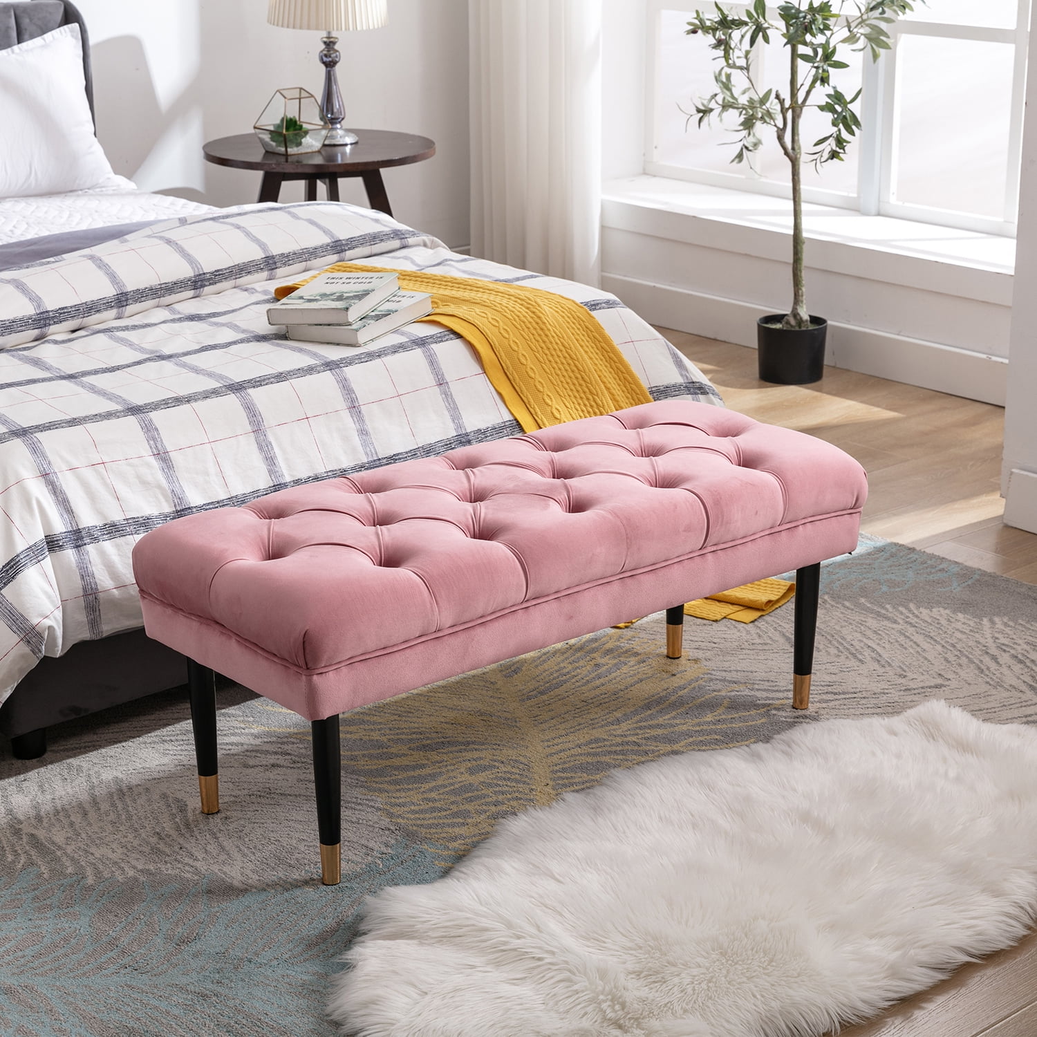 Kadyn Fabric Bench, Modern Velvet Button Ottoman for Living Room Entryway, Upholstered Bench with Metal Legs, Pink Kadyn Fabric Bench, Modern Velvet Button Ottoman for Living Room Entryway, Upholstered Bench with Metal Legs, Pink