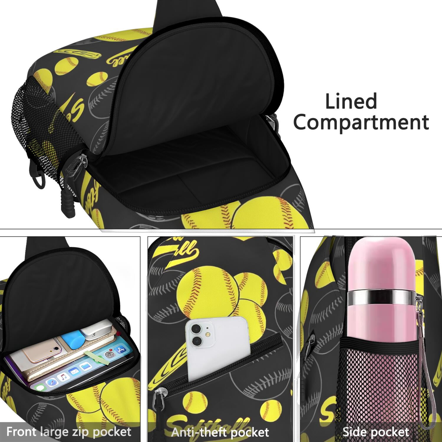 Travel-Ready Crossbody Bag Lightweight Shoulder Backpack with Baseball Print, Anti-Theft Pocket Versatile for Sports, Commuting