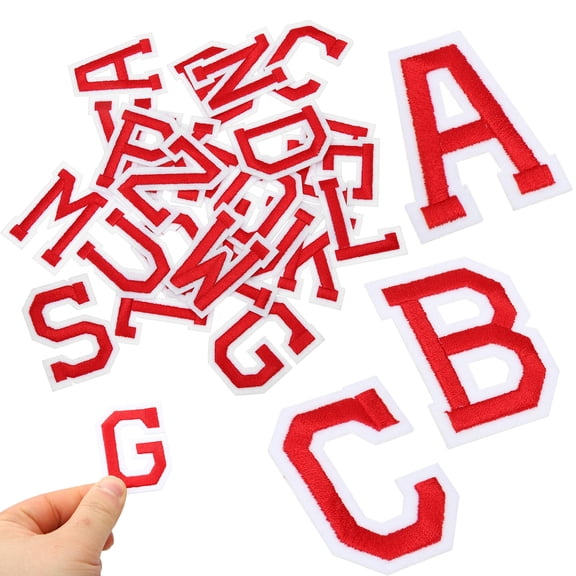 RENACLIPY 26Pcs Iron on Red Letter Patches for Fabric Clothing Embroidered Alphabet Patches for Jackets and Backpacks