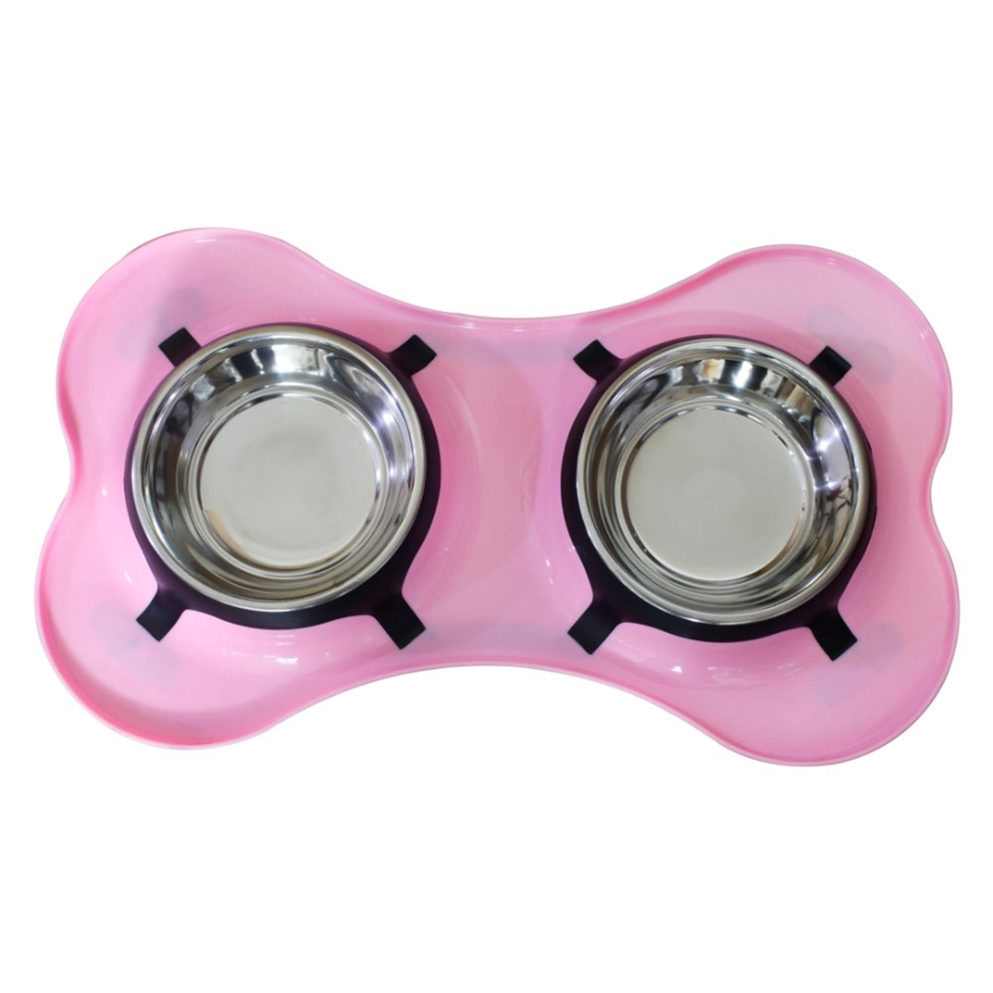 Pefilos 13.5 oz Bone Shaped Plastic Pet Double Diner with 2 Stainless Steel Dog Bowls for Feeding Small Medium Dogs Cats Puppies, Pink Pefilos 13.5 oz Bone Shaped Plastic Pet Double Diner with 2 Stainless Steel Dog Bowls for Feeding Small Medium Dogs Cats Puppies, Pink