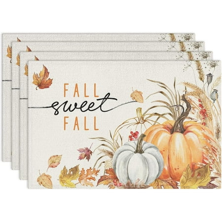 

Fall Yellow Maple Pumpkin Placemats Set of 4 12x18 Inch Autumn Thanksgiving Harvest Table Mat Non-Slip and Washable Linen Place Mat for Home Party Decoration