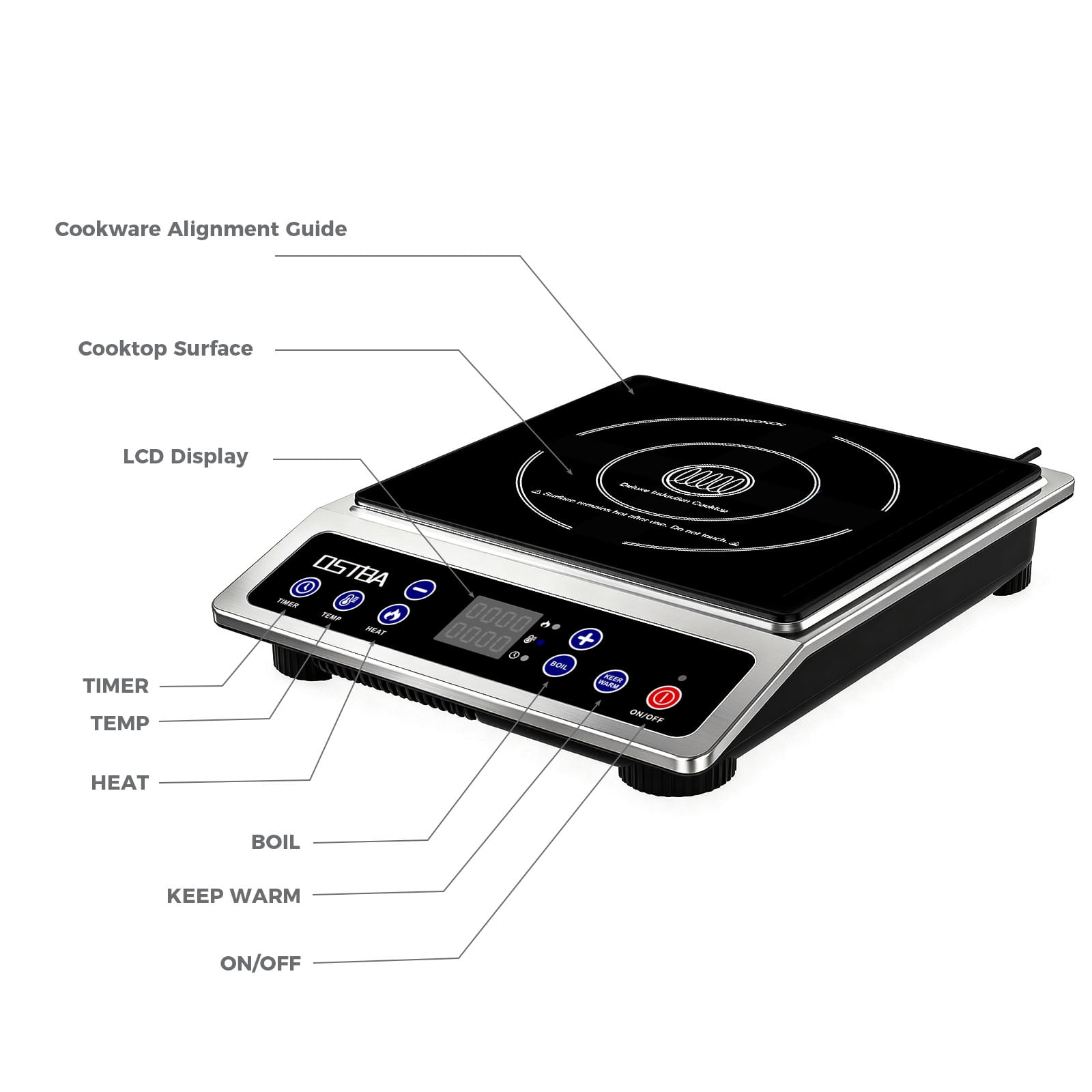 OSTBA 1800W Stainless Steel Induction Cooktop , Professional Commercial Countertop Induction Burner with 10″ Heating Coil, 10 Power Levels, 120–460°F Temp Control, 3-Hour Timer & Keep Warm