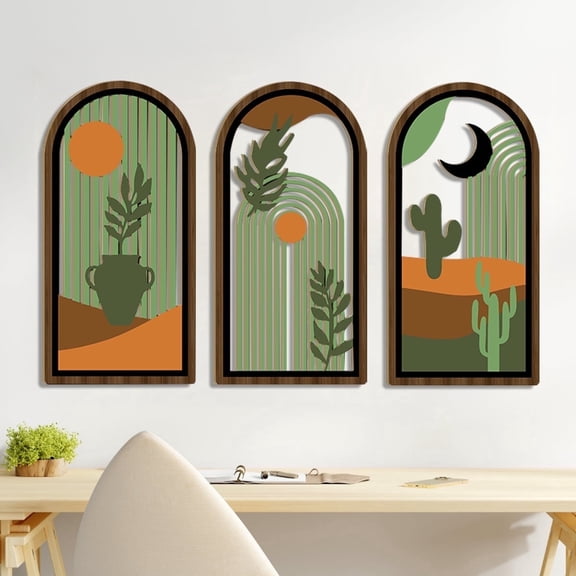 Boho Wood Wall Decor Bohemian Leaf Wall art Modern Wooden Abstract Wall Sculptures Desert Green theme Minimalist Wall Art (16x8 Inch) for Living Room, Bedroom, Office Set of 3 (16x8 Inch)