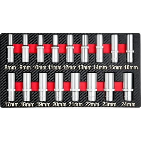 17-Piece 1/2" Drive Deep Socket Set & Tool Set - Metric (8mm-24mm) CR-V Steel with EVA Tray for Automotive | Bike | Motorcycle | Furniture | Home DIY