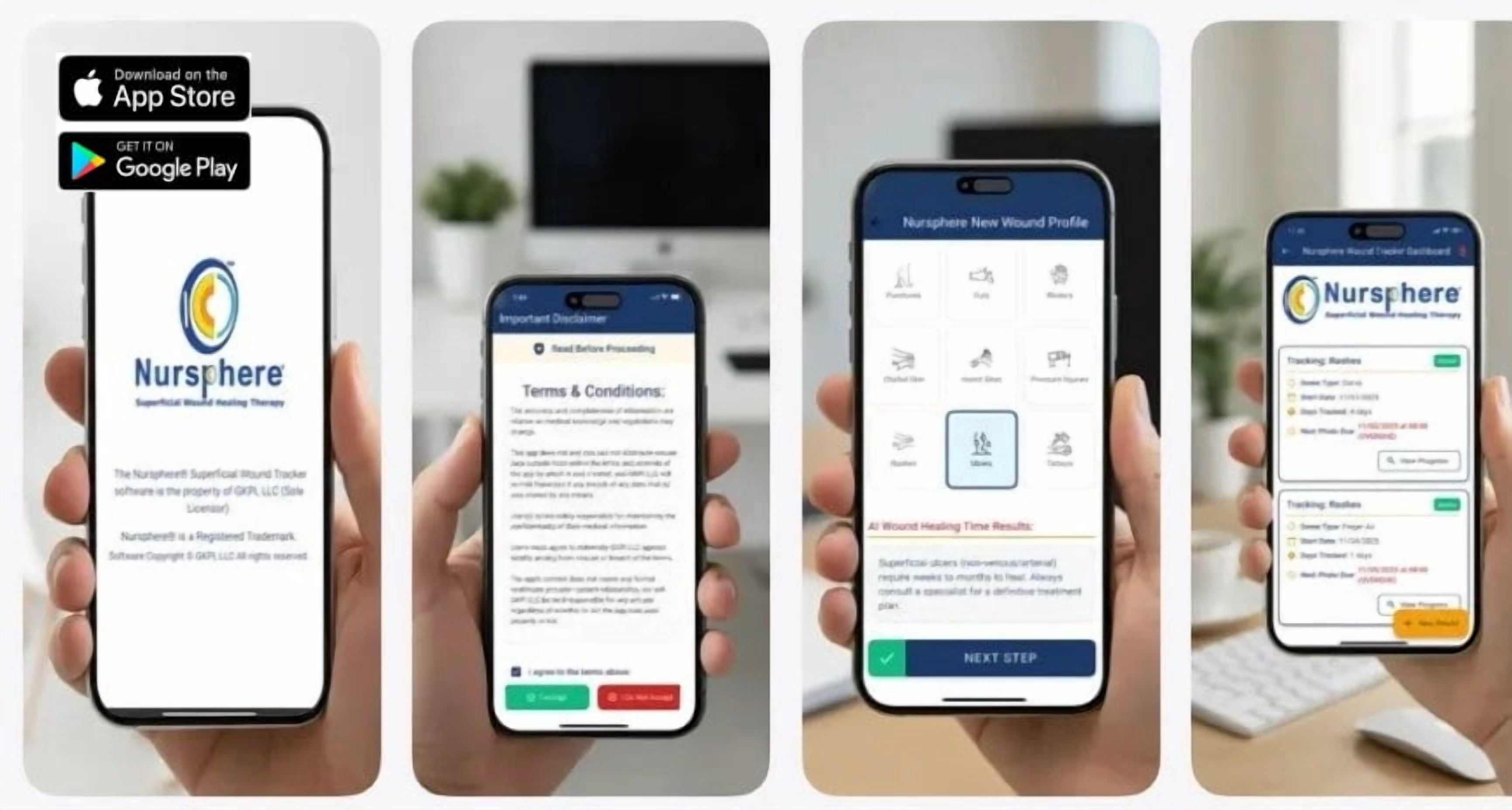 Nursphere® Curve Dome Bandages™ with Wound Tracker™ App U.S. Medical Utility Patent No. 12,636,195.