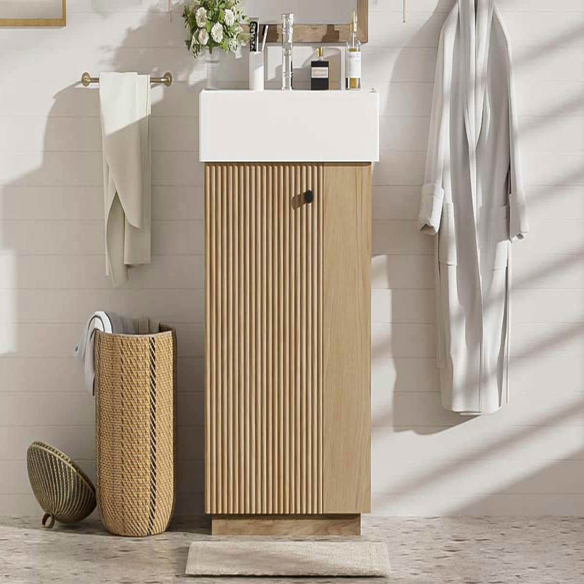 GVN Bathroom Storage Vanity,Bathroom Floor Cabinet,21.6" Bathroom Vanity with Ceramic Sink, Freestanding Modern Left Door Wood Grain Cabinet, Brown
