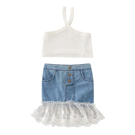 Sngxgn Girl's Skirt Outfits Mesh Puff Sleeve Tshirt Tops & Mini Skirt Design Cute Clothes 2 Piece Set(White,110)