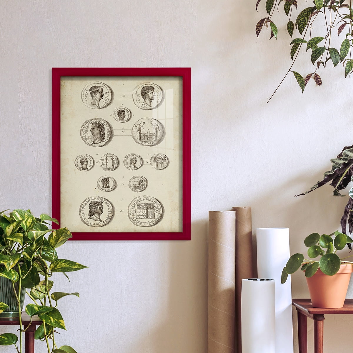 Antique Roman Coins I -Framed Print w/glass-Cherry Red