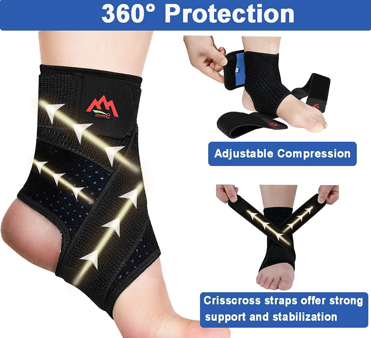 Sinvic Ankle Brace for Men Women, Adjustable Breathable Stabilizer for Sprain Injury And Athletic Sports 2 Bonus Wrist Wraps  Included