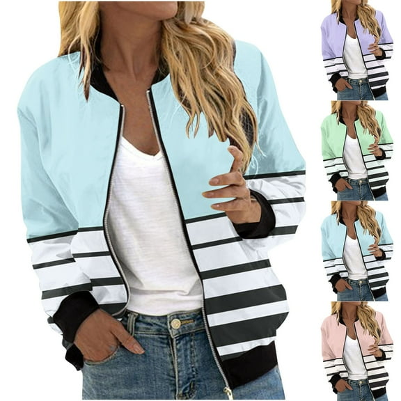 QATAINLAV Womens Lightweight Bomber Jackets Color Block Striped Print Baseball Jacket Zip Up Casual Outerwear with Ribbed Cuffs and Pockets Deals of the Day Green L