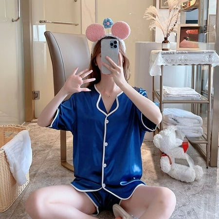 

PIKADINGNIS Womens Sleepwear Set Candy Colors Short Set Pajamas for Women Silk Pajama Set Sweet Short Sleeve Top & Shorts Summer Pijama