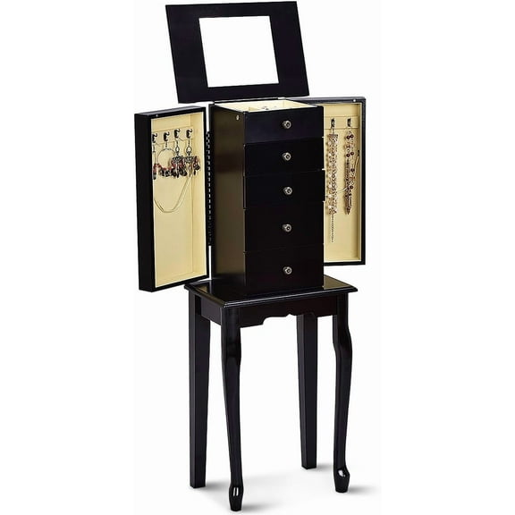 QRKD Jewelry Cabinet Armoire with Top Mirror, 5 Drawers, 2 Swing Doors, Wooden Jewelry Treasure Storage Chest with Large Storage, Standing Jewelry Organizer (Black)