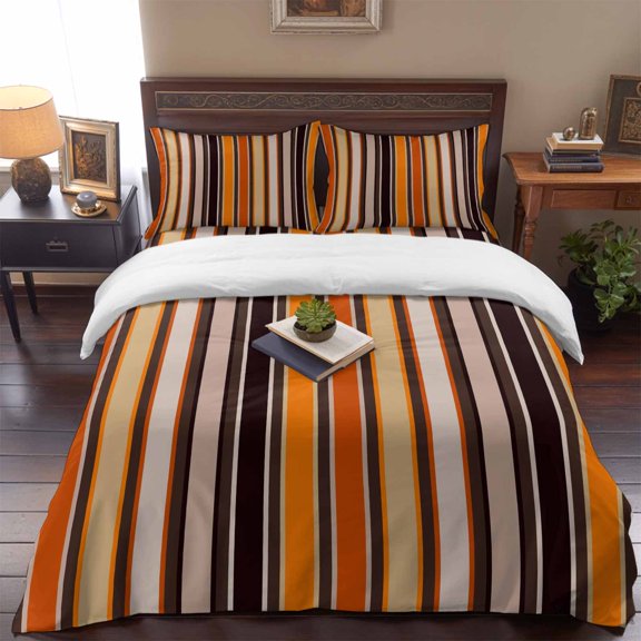 Vintage Striped 4 Piece Bedding Set, Orange Black Brown Stripes Simple Country Twin Size Duvet Cover Set with Zipper Closure & Corner Ties Soft Breathable Comforter Cover for Bedroom