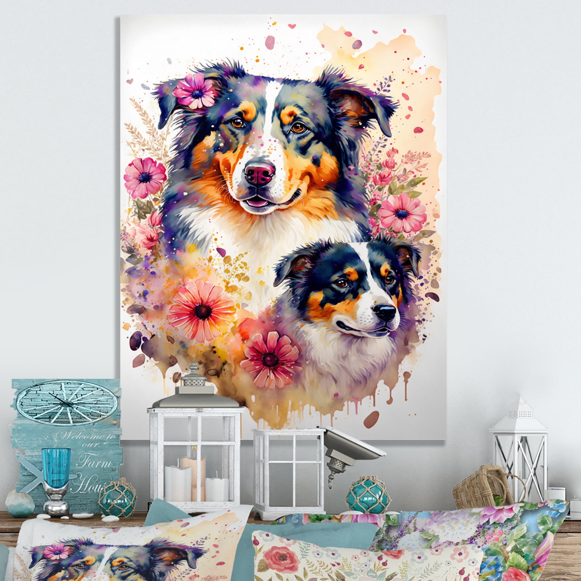 Designart Cute Australian Shepherds Floral Art I Canvas Wall Art