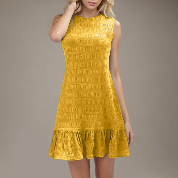 Blmnix Western Sexy Dresses for Women Mini Peplum Casual Dresses Dresses Yellow Crew Neck Sleeveless Birthday Dress,L