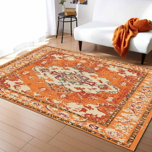 Area Rug 4'x6' Vintage Geometric Ethnic Oriental Carpet Texture Orange Washable Area Rugs Non Shedding Floor Carpet Rubber Backing Non-Slip Indoor Mats for Living Room Bedroom Kitchen