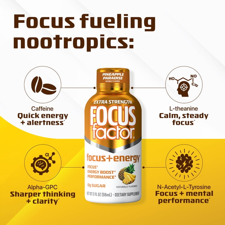 Focus Factor Focus + Energy Shots, Pineapple Flavor, 12 x 2oz