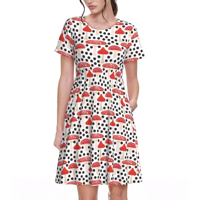 Fotbe Forest Mushrooms Vestido Largo de Moda para Mujer, Vestido Tipo Camiseta con Manga Corta y Estilo Casual a Rayas y Bloques de Color