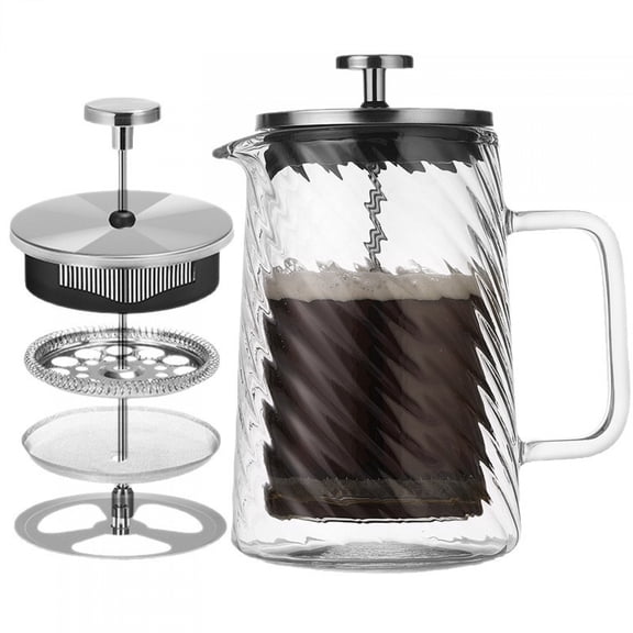 Vintage Threaded French Press Coffee Tea Maker, Borosilicate Glass, 304 Stainless Steel Filter, Wide Heat-Resistant Handle, V‑Shaped Spout