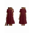thumbnail image 3 of Women's Cotton Linen T-Shirt Dress, Casual Loose Fit Short Sleeve Midi Dress with Pockets for Summer Wine Red M, 3 of 7