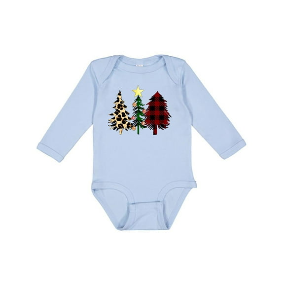 Inktastic Three Christmas Trees in Plaid and Leopard Print Boys or Girls Long Sleeve Baby Bodysuit