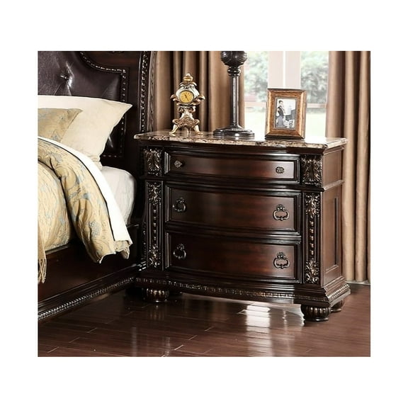 Cherry Finish Solid Wood Nightstand With 3 Drawers And Marble Tabletop 3 Bedside Table Top Rich Brown Color