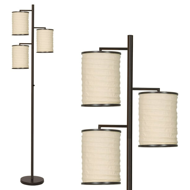 Lantern Style Beige Fabric Shades, Asian Paper Floor Lamp